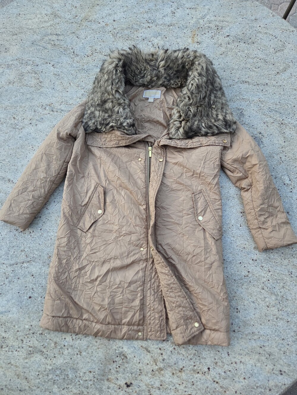 Michael Kors Beige Crinkled Puffer Coat Faux Fur Collar